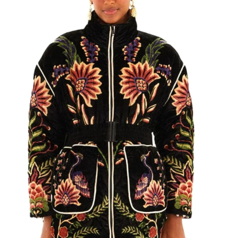 FARM Rio Black Marvelous Garden Puffer Jacket Exotic Tropical Leopard Print - Picture 3 of 16